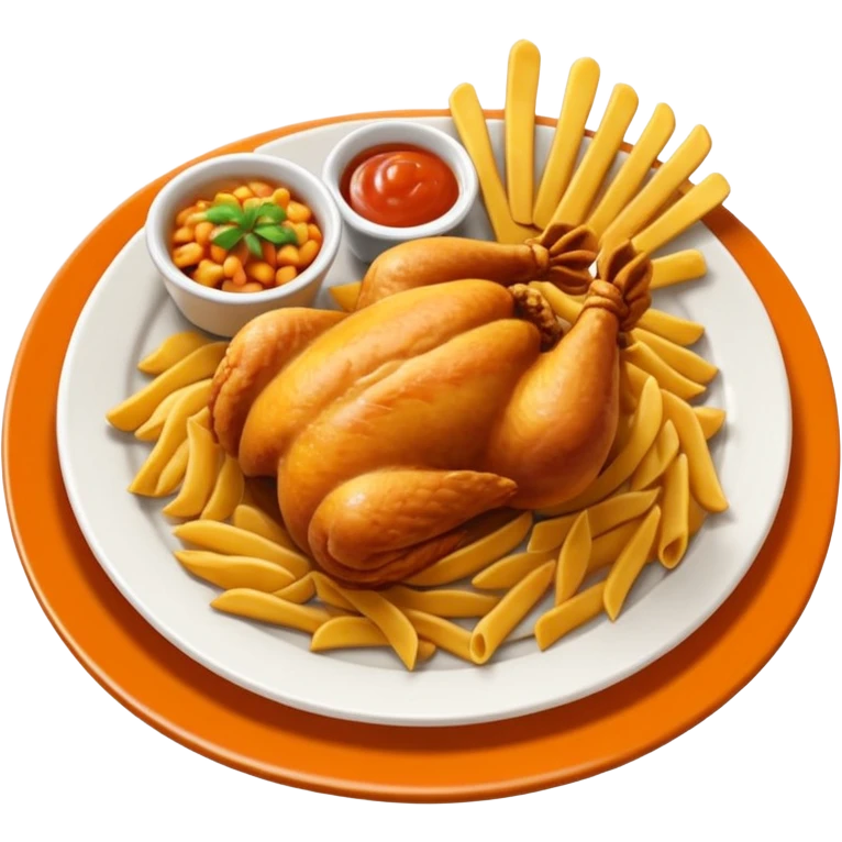 Plato redondo visto desde arriba con pollo en trozos pequeños crujientes bañados en salsa agridulce brillante color naranja, acompañado de pastas y papas fritas doradas gruesas al lado emoji