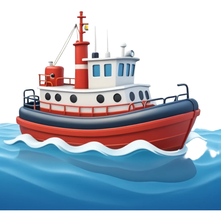 A 3D cartoon tugboat towing another boat on calm blue water, soft waves, clear sky, Memoji-style. emoji