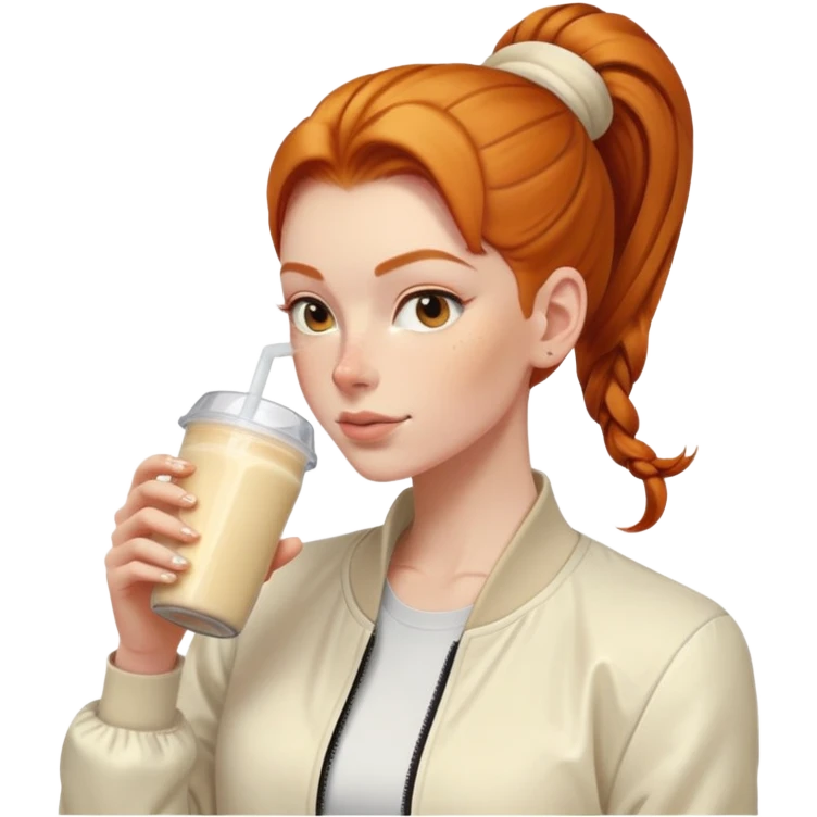 Ginger girl with cream jacket drinking pre workout shake middle part slick back bun emoji