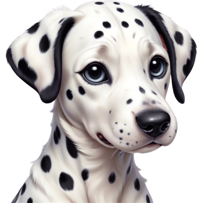 Cinematic Cute Spotted Dalmatian Portrait Emoji, Head tilted playfully and inquisitively, featuring a glossy Fur of predominantly white with dynamic black patches, round, sparkling eyes filled with gentle curiosity, Simplified yet irresistibly adorable features, highly detailed, glowing with a warm, friendly glow, high shine, affectionate and gentle, stylized with a touch of whimsy, bright and endearing, soft glowing outline, capturing the essence of a mischievous yet loving pup, so playful it feels like it could lumber out of the screen and into your arms! emoji