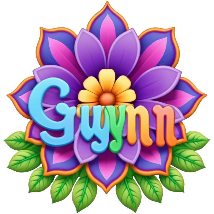 3D, gothic style psychedelic colored word “Gwynn” with hippie style flower border emoji