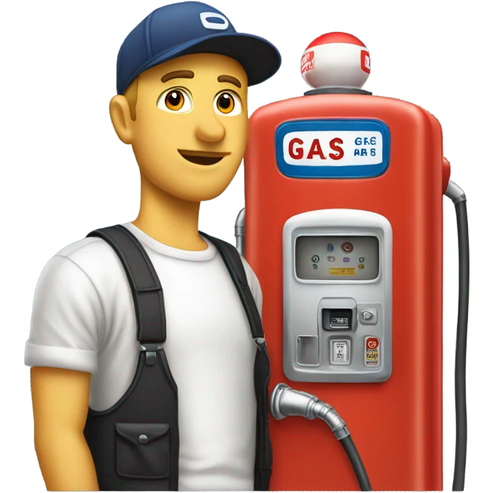 White man with ballcap standing next to vintage gas pump emoji
