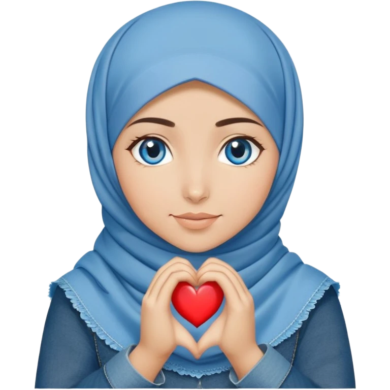 Turkish beautiful finish Konya girl blue eyes with denim hijab islamic dress and making heart with hands and with thank you text emoji