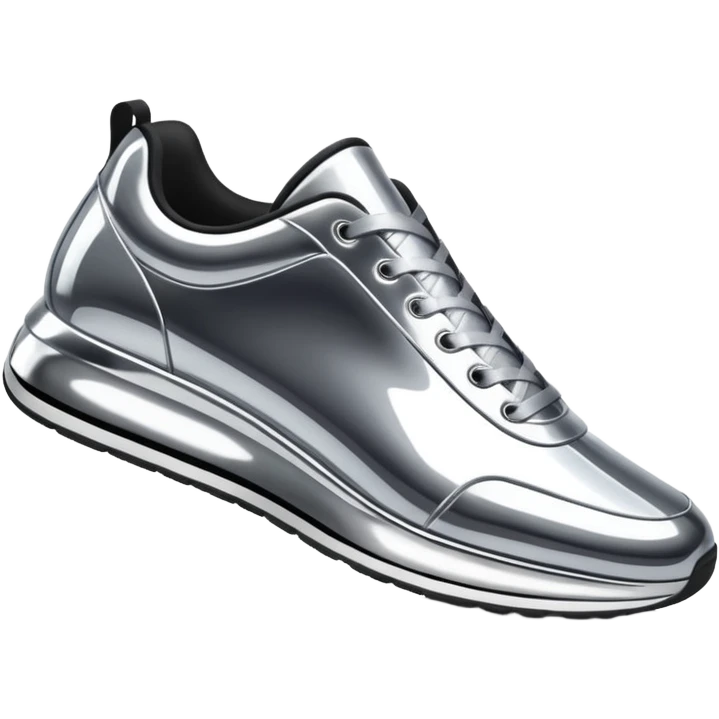 A pair of futuristic sneakers emoji made of silver chrome, sleek streetwear design, smooth metallic panels, subtle reflections, luxury swag aesthetic, iOS emoji style, centered, clean white background emoji