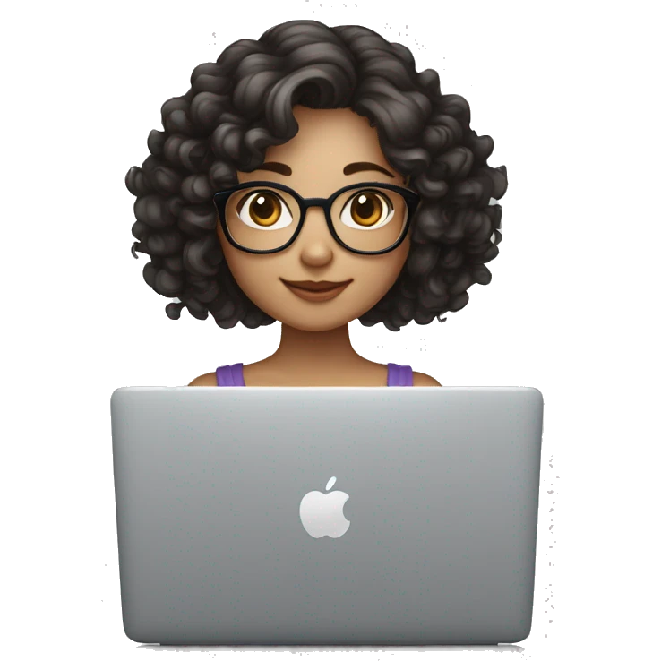 Cute white skin girl with long curly dark hair, glasses, and apple laptop emoji