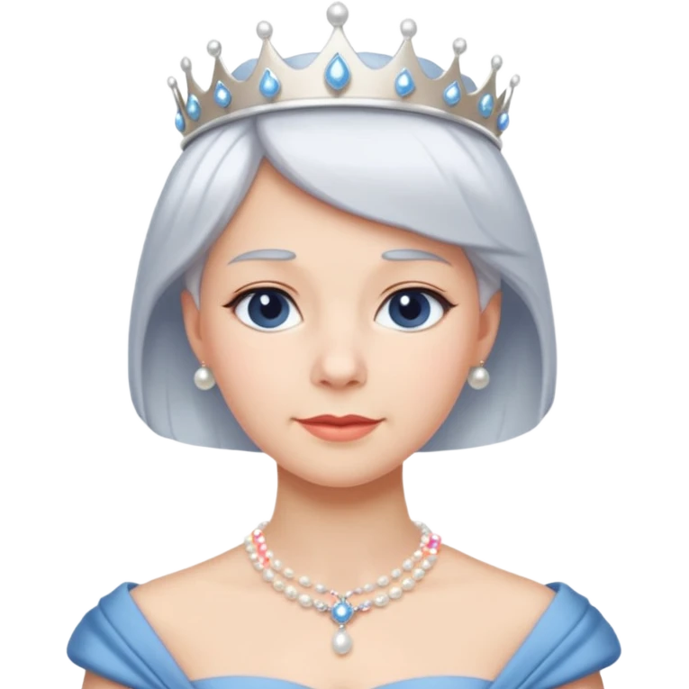 Queen with white short hair – silver tiara, pearl necklace, elegant gown, blue dress emoji