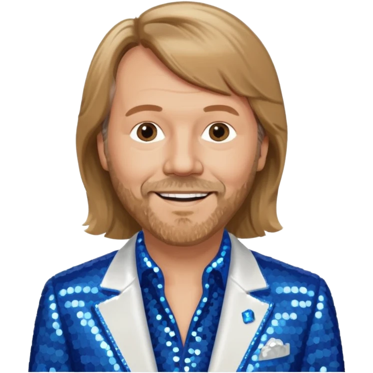 Benny Andersson from ABBA with light brown hair, blue sequin shirt, white sequin suit jacket emoji