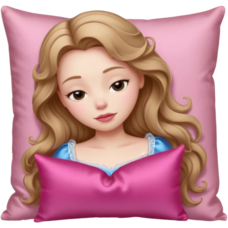 sleeping beauty girl with pale skin and light brown wavy hair with a pink silk pillow emoji