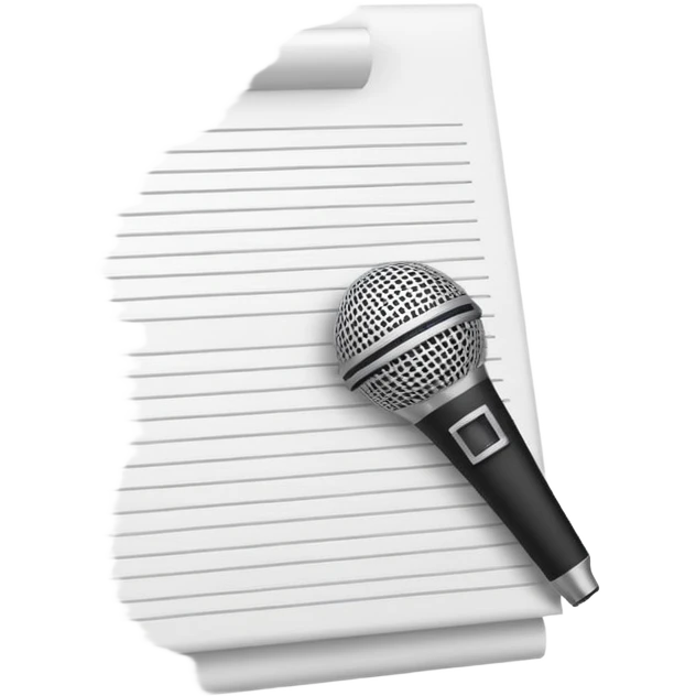 minimalist oconography design: white document with a folded top-right corner and horizontal lines, outlined in a brick pattern. At the top center of the document is an icon indicating ai. In front of the document a microphone icon emoji