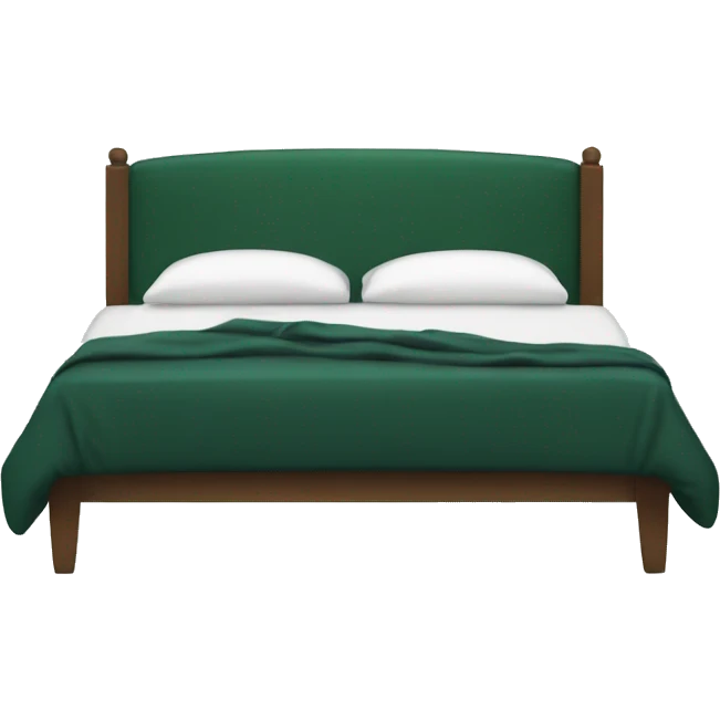 A white double bed with dark green bedding  emoji