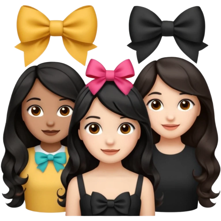 three girls with brown eyes, white and brown skin tones, first girl with completely black straight hair and a bow on her head, middle girl with black wavy hair and a bow, last girl with black voluminous loose waves and a bow, emoji style emoji
