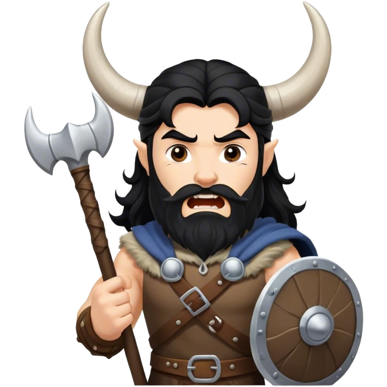 vikingo, con cuerno de vaca, pelo negro ondulado, de pie, grito de guerra en torre de Asgard. emoji
