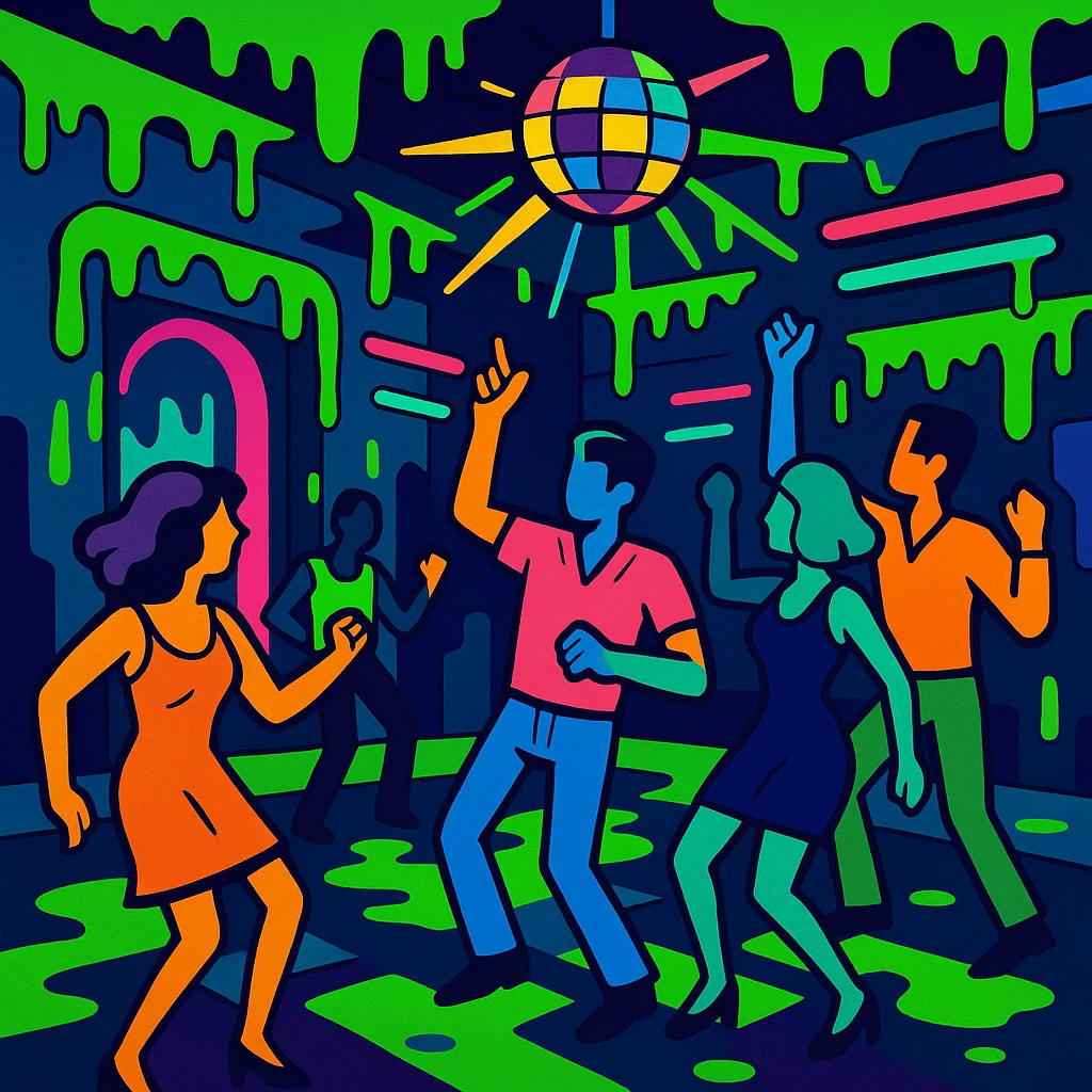 a vibrant toon style dance hall covered in slime, neon lights, and dancing figures emoji
