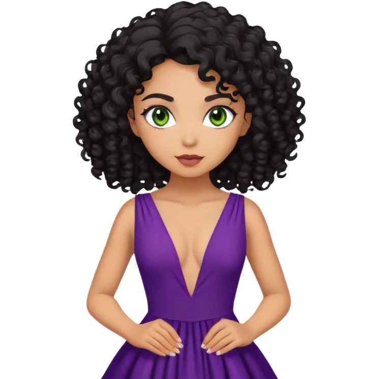 Mixed race girl with green eyes, curly black hair and a deep v purple dress emoji