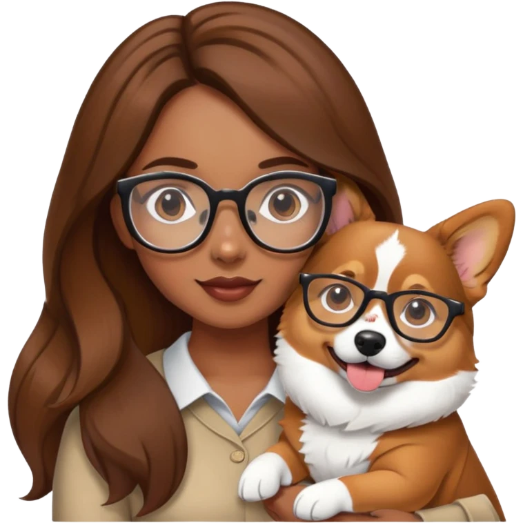 A girl with long brown hair and glasses is holding a corgi emoji