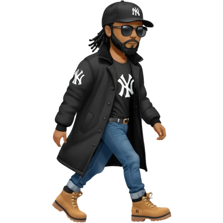 African American man with shoulder length black dreadlocks with black beard wearing black sunglasses wearing a black New York Yankees logo baseball cap wearing a black bubble winter coat with denim skinny jeans and timberland boots walking with hand out emoji