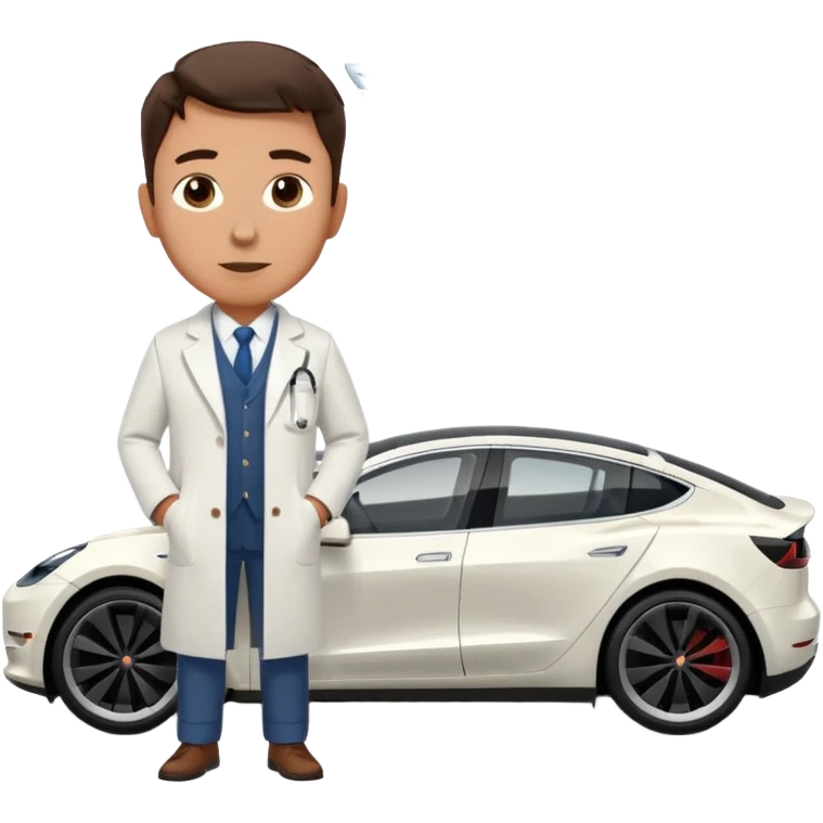 White tesla model 3 with a physician next to it emoji