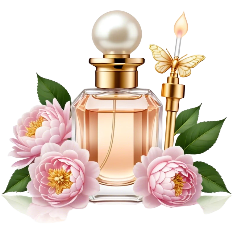 A delicate glass perfume bottle with a golden atomizer, surrounded by soft pink roses, white peonies, and dahlias, as pearl butterflies reflect beautifully in the crystal surface.
 emoji