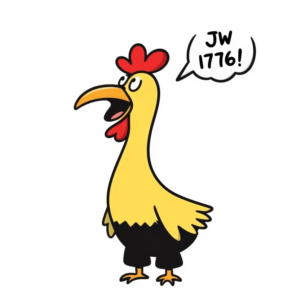 shouting yellow long neck chicken with the words 'JW 1776' in a speech bubble emoji