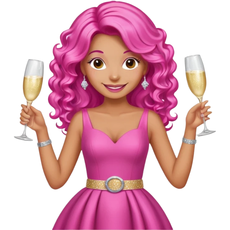 One lady with long hot pink curled hair and tan skin wearing a pink dress with sparkly belt holding a glass of pink champagne in each hand smiling cheerfully  emoji