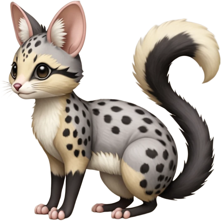 Black, soft realistic romantic vintage antique divine beautiful elegant pretty precious cute young youthful  Fakémon-Pokémon-opossum-feline-mouse-serval-caracal-chinchilla-Minccino-Cinccino-Meowstic-rodent-hybrid-creature with a tufted tail (full body) emoji