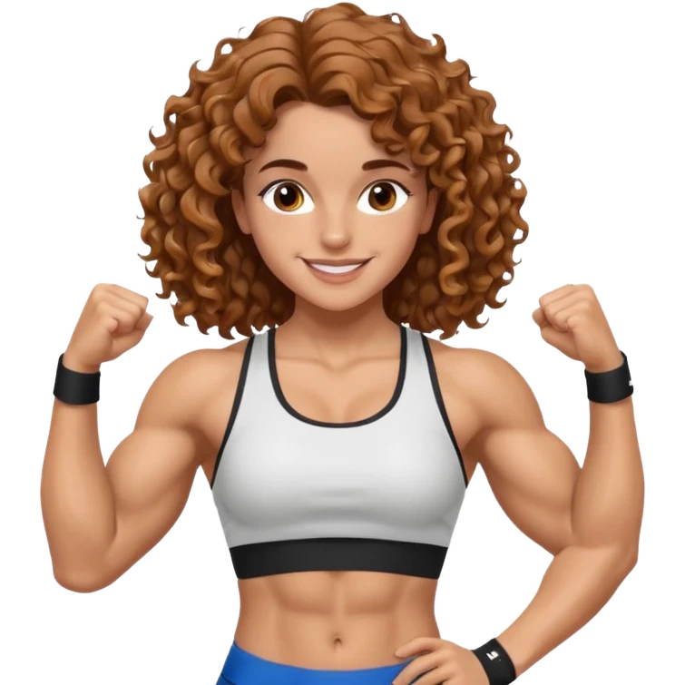 big biceps, muscled torso, very beautiful italian happy girl, looking like Emma Watson, with wavy curly bright hazelnut hair, dressed in a beautiful sports outfit, very muscled emoji