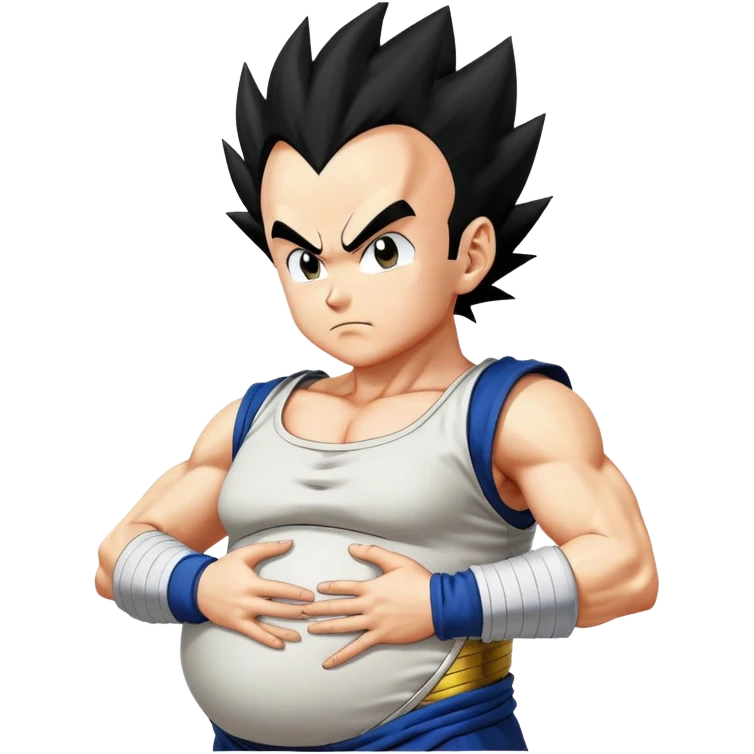 Pregnant Vegeta from Dragon Ball Z facing left with hands on his large belly, spiky black hair, serious expression emoji