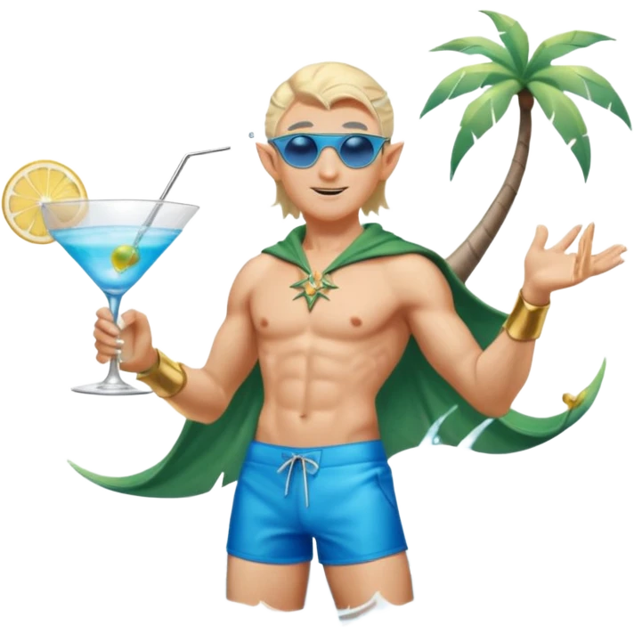 elf male legolas in stylish blue swim trunks, palm extended over cocktail glass, conjuring swirling frost and mist to chill it, silver aviator sunglasses, pointy ears, confident smirk, minimalist beach bar backdrop, centered emoji, summer magic emoji