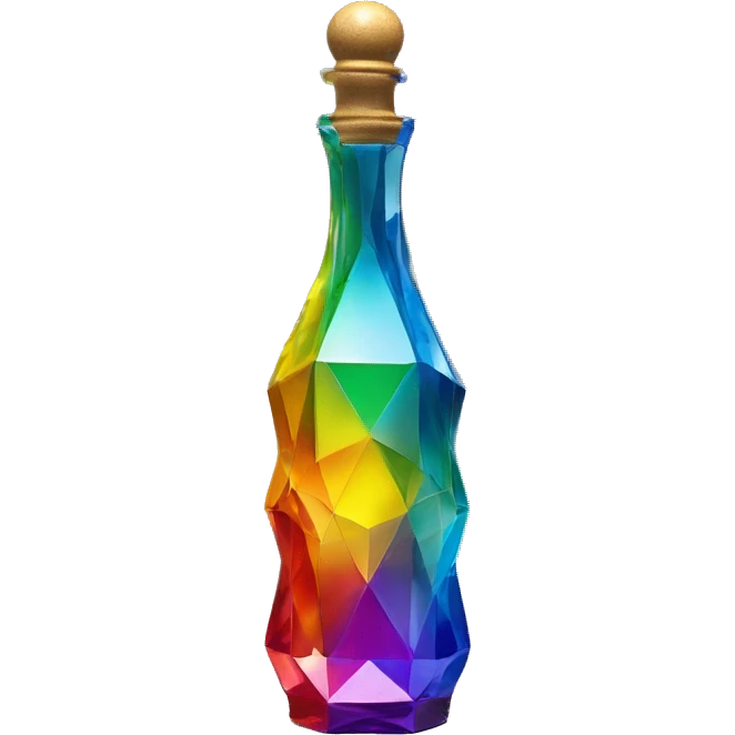symbolic all-energies in a bottle sculpture symbolizing chromatic light with a geometric, faceted design. The bottle is standing upright with angular and baroque features. The vibrant rainbow of colors highlights the sharp edges and planes.  emoji