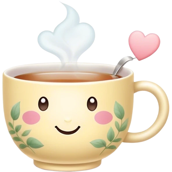 Cute Kawaii Tea Cup, steaming with warmth, a charming smiling face, soft pastel tones, delicate floral patterns, a tiny heart-shaped tea bag tag, cozy and inviting! emoji