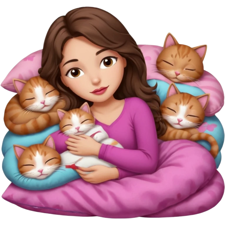 girl with long wavy brown hair, brown eyes, long lashes makeup, sexy pink lips, light to medium complexion,  sleeping on a cozy pillow, with 6 cute cats, sleeping emoji