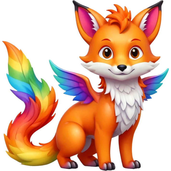 Cartoon Fox dragon hybrid with wings face front full body rainbow colored emoji