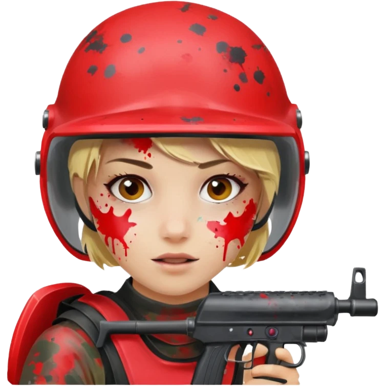 blond girl playing paintball with red paintball helmet, only face emoji