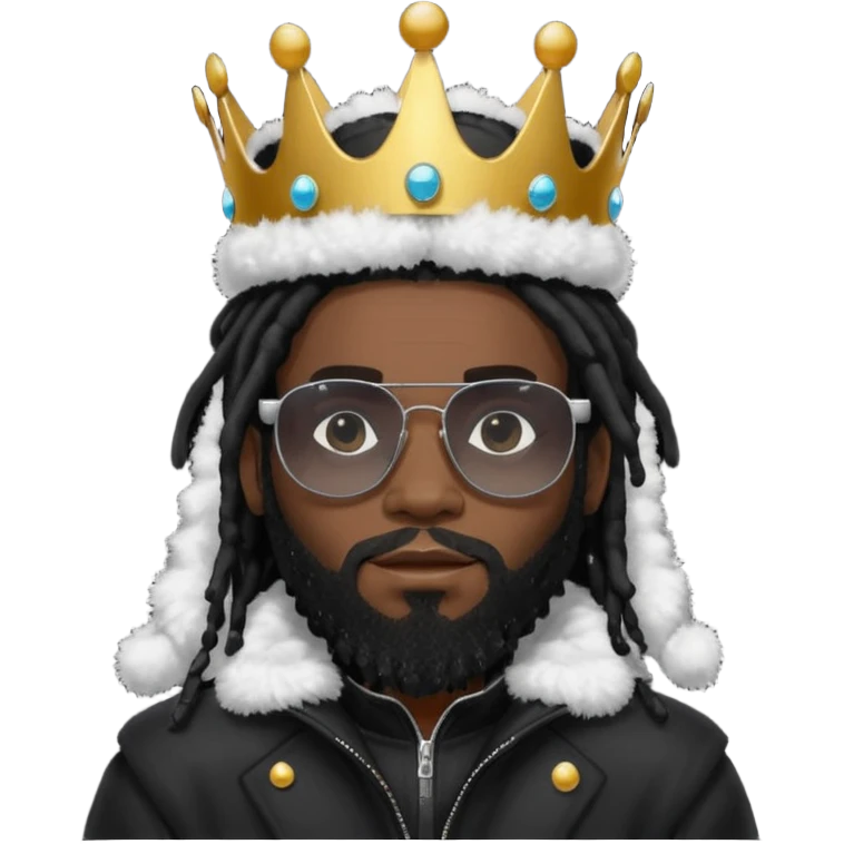 African American man with beardwith shoulder length black dreadlocks wearing black sunglasses with black bubble winter coat weariring a crown on his head emoji