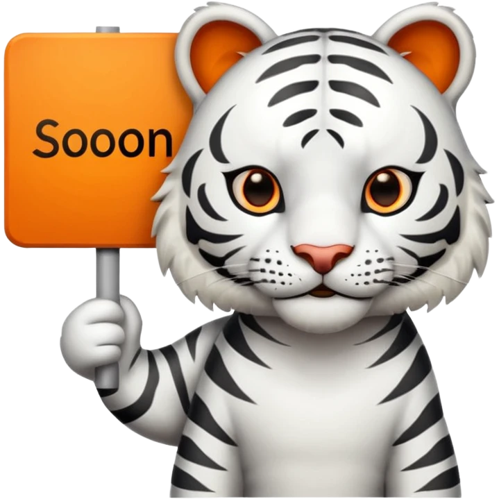 White Tiger. He is holding a sign with SOON - written on it. Let him have 4 paws, not more. emoji