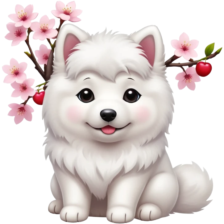 A cute  little  white Samoye and cherry blossom emoji