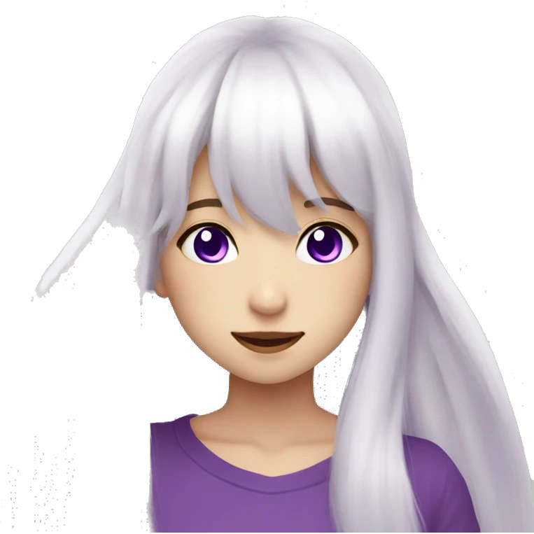 white long hair with bangs, purple eyes, anime girl, make an emote smile post emoji