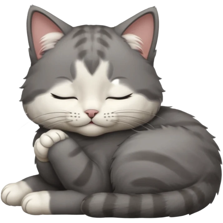 dark grey and white small cat with closed eyes, leaning his head on his paw while leaning on his elbow lying down emoji