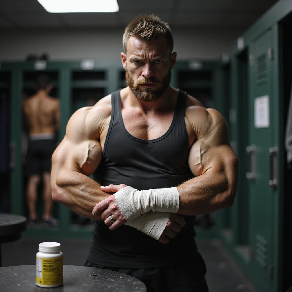 Powerlifter in locker room, sportswear, with a prominent wrist bandage and pained look, painkiller bottle nearby, recovery atmosphere, realistic details, locker room background. emoji