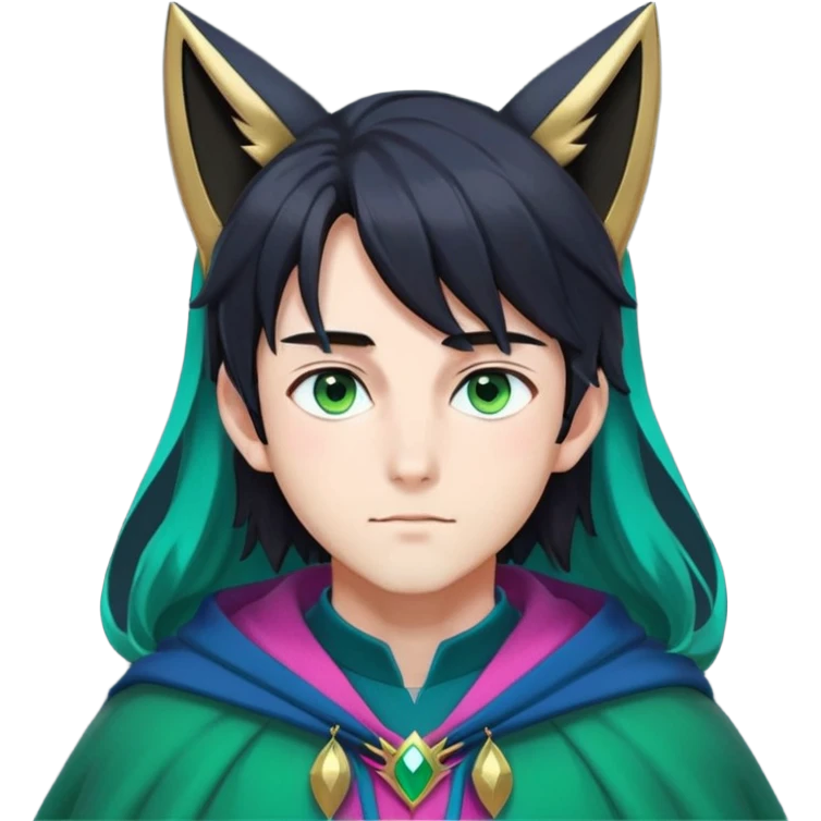 anime man with long-straight-dark-black-gradient hair with green accents, long black fox ears with pink Scapha, hazel-gradient-brown-turquoise eyes, gold earring, dark-blue-sweater, green cape,  emoji