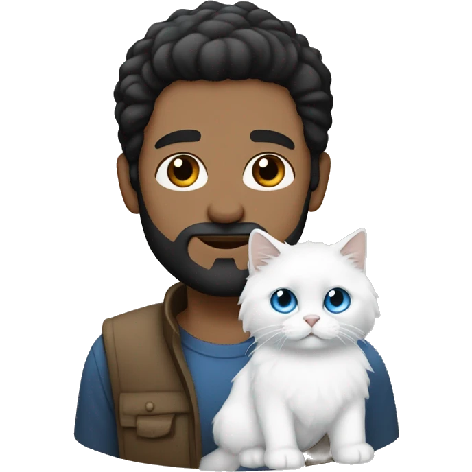 Man with black hair, black beard and holding a all white Siberian cat with blue eyes emoji