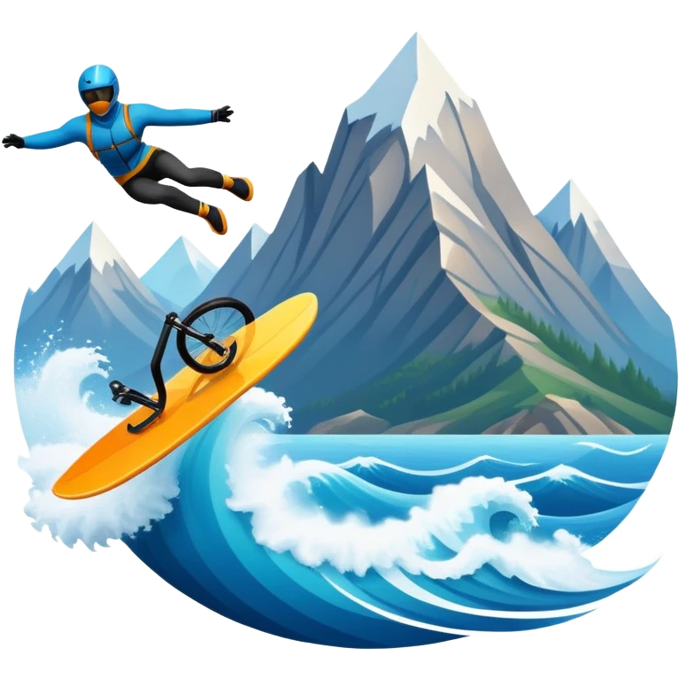 An emblematic symbol featuring a stylized figure in mid-action, representing extreme sports. The design incorporates dynamic lines and bold shapes, with elements like mountains, waves, and flying objects, capturing the thrill and adrenaline of various extreme sports in a single, unified icon. emoji