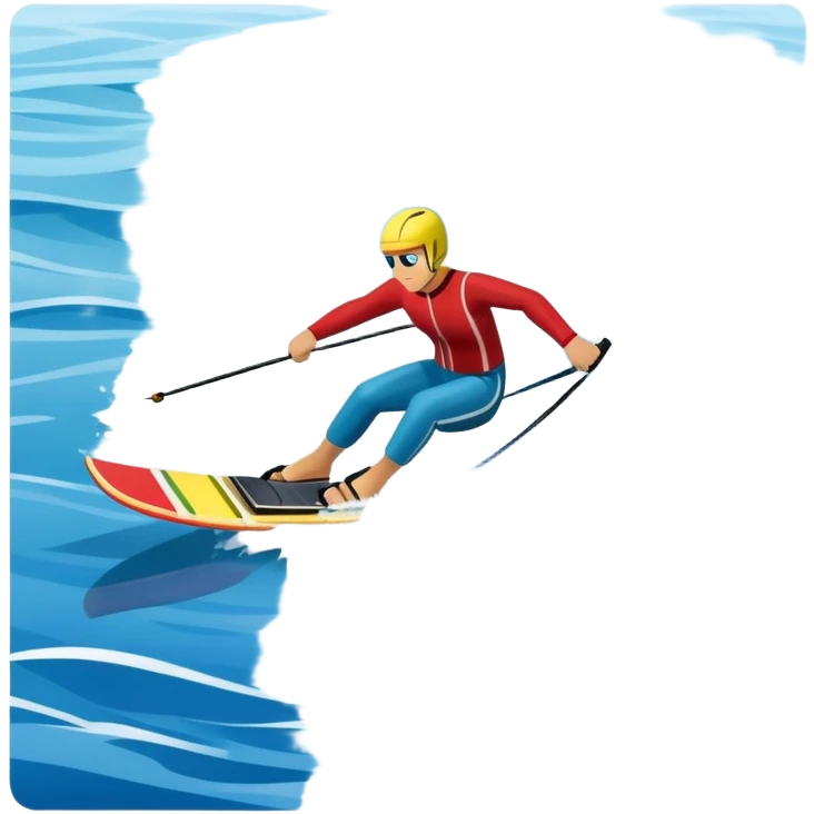 humanless icon showing water skis on the surface of the water, with the skis cutting through the waves, and a distant boat in the background creating a wake. The design highlights the smooth, dynamic motion of water skiing. Transparent background emphasizes the thrill of the sport emoji
