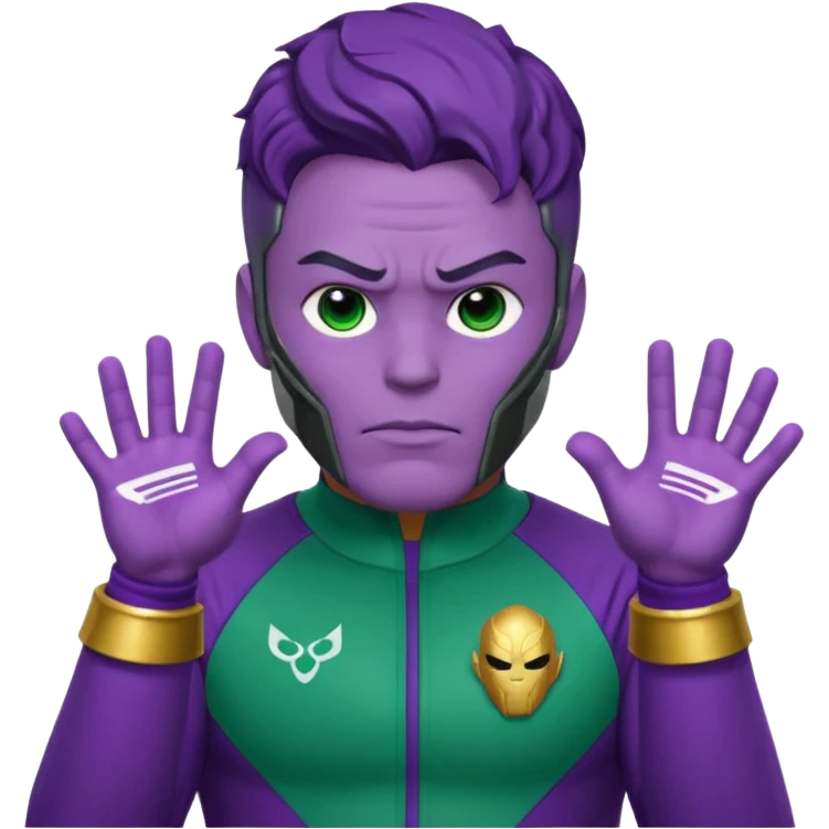 Choi Seung-hyun T.O.P as Thanos emoji style, purple skin, strong jawline, confident mischievous expression, wearing Squid Game Player 230 green tracksuit with visible number, simplified Infinity Gauntlet on one hand, minimalistic, bold lines, bright clean colors, cute small emoji icon emoji