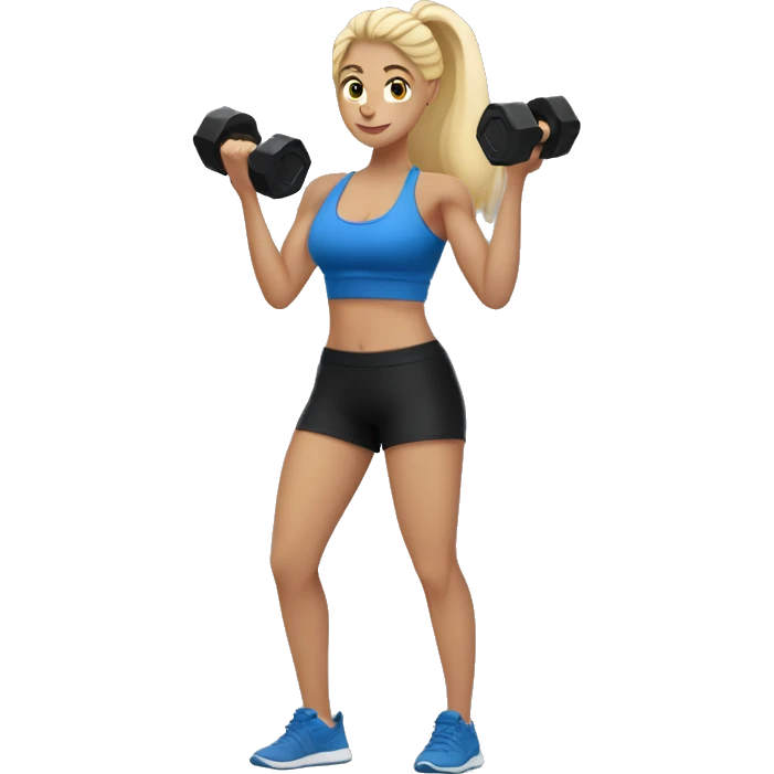 blonde woman working out with a black tank top and a blue shorts and she is holding a dumbell emoji