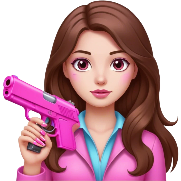 Long hair brown Girl hand pink nails holding pink gun emoji