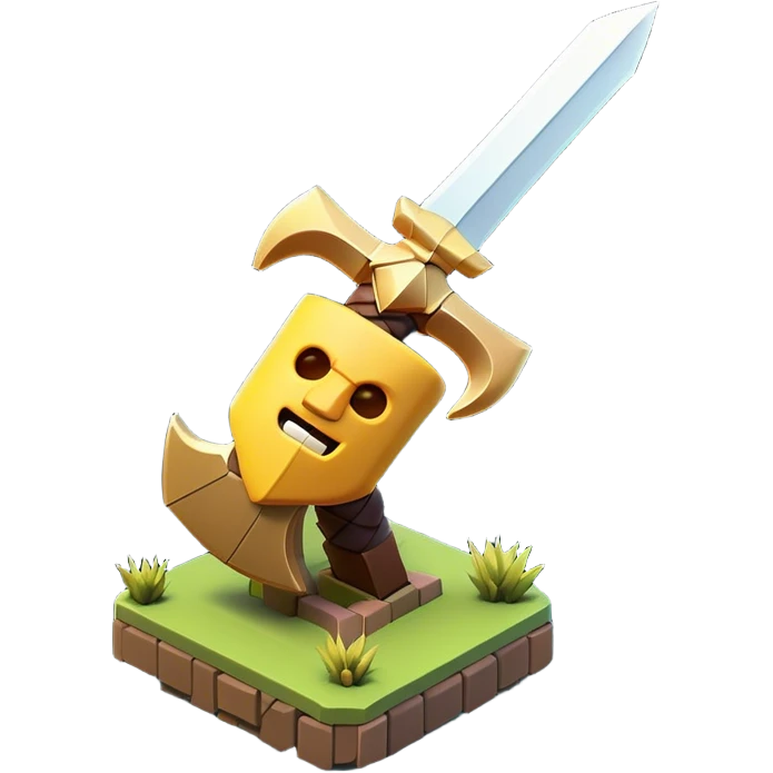 Clash of Clans aesthetic: Cinematic Playful Pixel 3D Sword Portrait Emoji, rendered in a 3D vector-style similar to standard emojis with minimal shading and bold, simplified shapes. A compact, distinct form with signature details, softly glowing with a pixelated adventure charm. Simplified yet unmistakably iconic, highly detailed and consistent, glowing with a soft radiance and high shine. Stylized with a touch of classic pixel-art charm and a soft glowing outline, capturing the essence of a beloved gaming relic with a friendly, playful manner! emoji