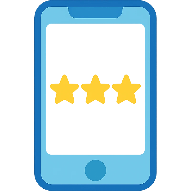 Smartphone icon with three yellow stars aligned in a row on the screen, flat emoji style, outline with blue and turquoise colors, screen filled solid white emoji