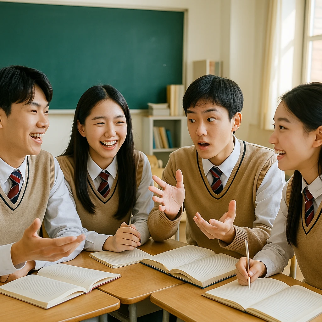 토론하는 한국 학생들, 다양한 표정과 자세, 교실 배경, 밝고 따뜻한 분위기, 책상과 노트 포함 emoji