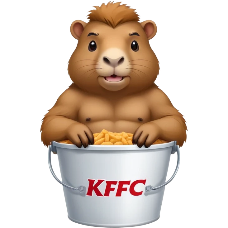 Muscular capybara with big muscles sitting in a KFC bucket emoji